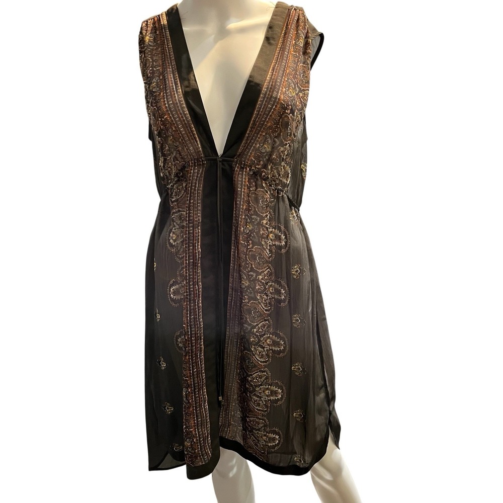Gray Sheer Chiffon Dress Overlay Paisley Floral Babydoll L Boho Romantic Layer